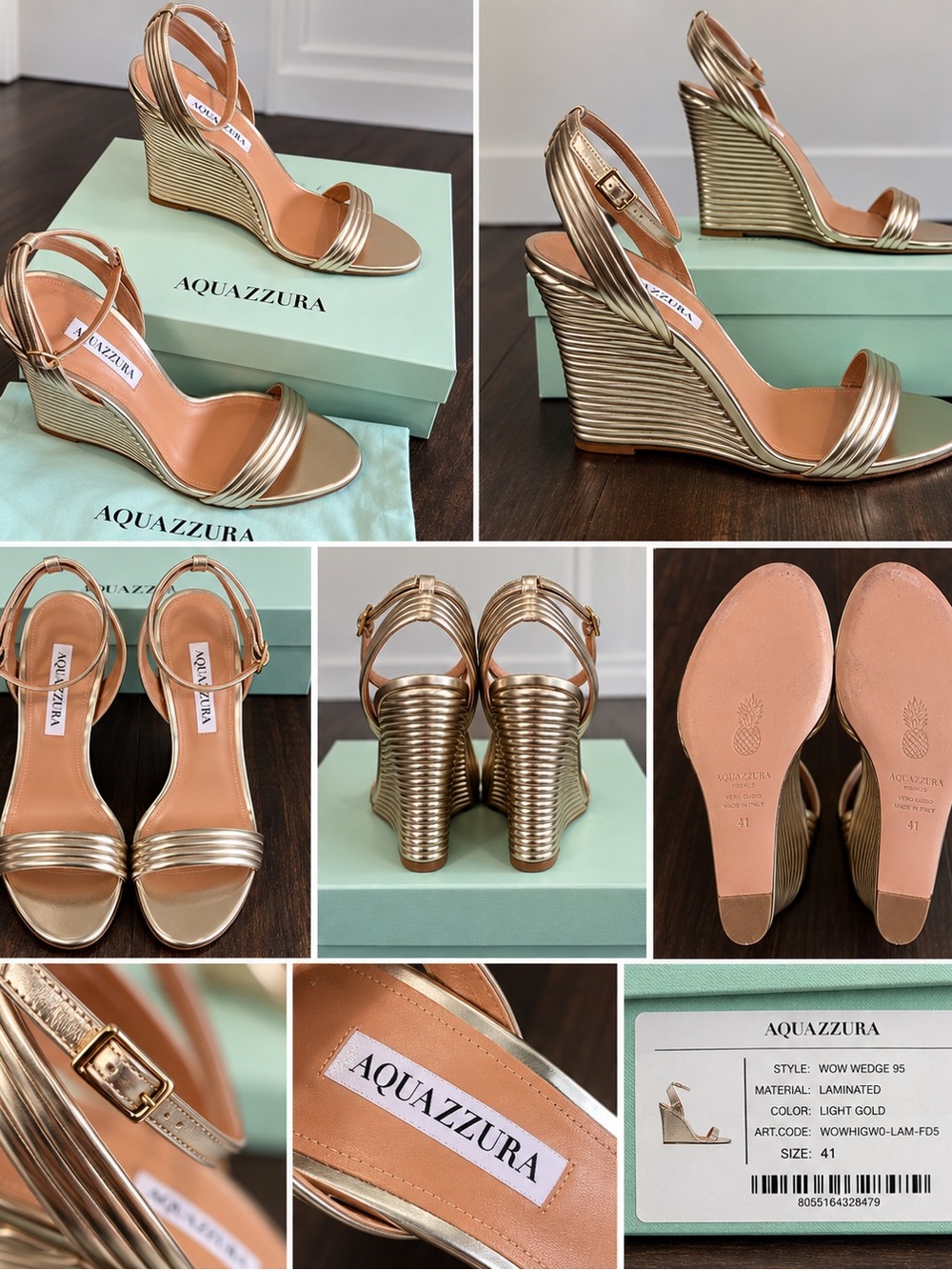 Aquazzura Wow Wedge 95 Metallic Light Gold Sandals Size 41